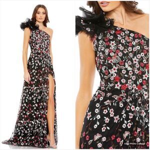 Mac Duggal 20331 EMBELLISHED RUFFLED ONE SHOULDER A LINE GOWN Black 12